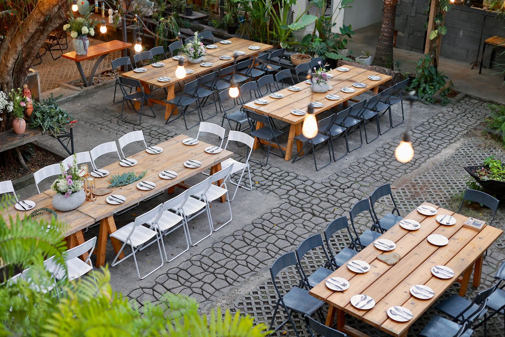 Long tables and lights seen from above
